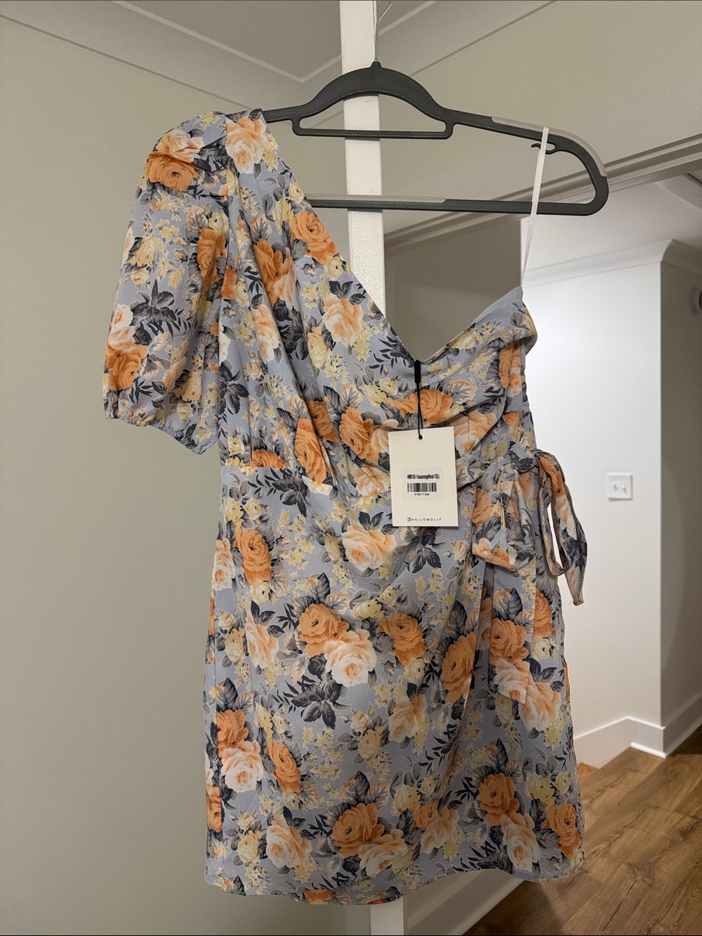 Hello Molly One-Shoulder Floral Wrap Dress in Light Blue and Peach